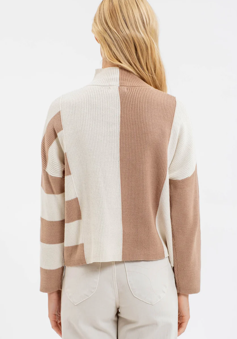 STRIPE COLORBLOCK MOCK NECK KNIT SWEATER