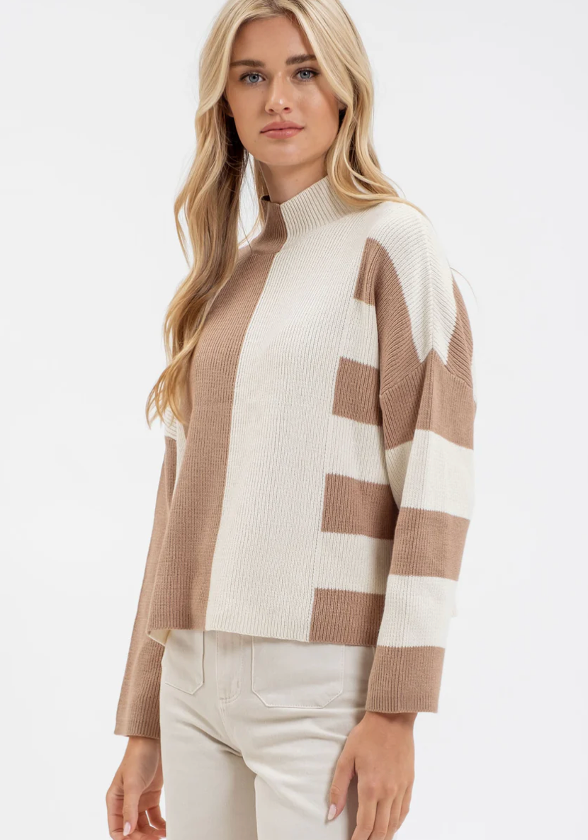 STRIPE COLORBLOCK MOCK NECK KNIT SWEATER