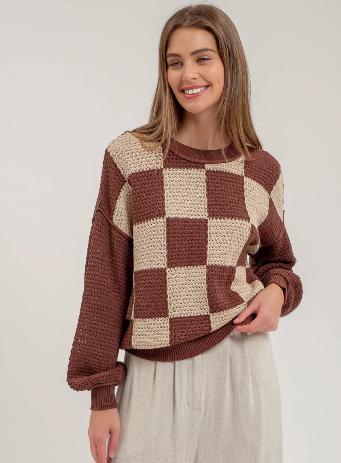 CHECKERED KNIT LONG SLEEVE SWEATER