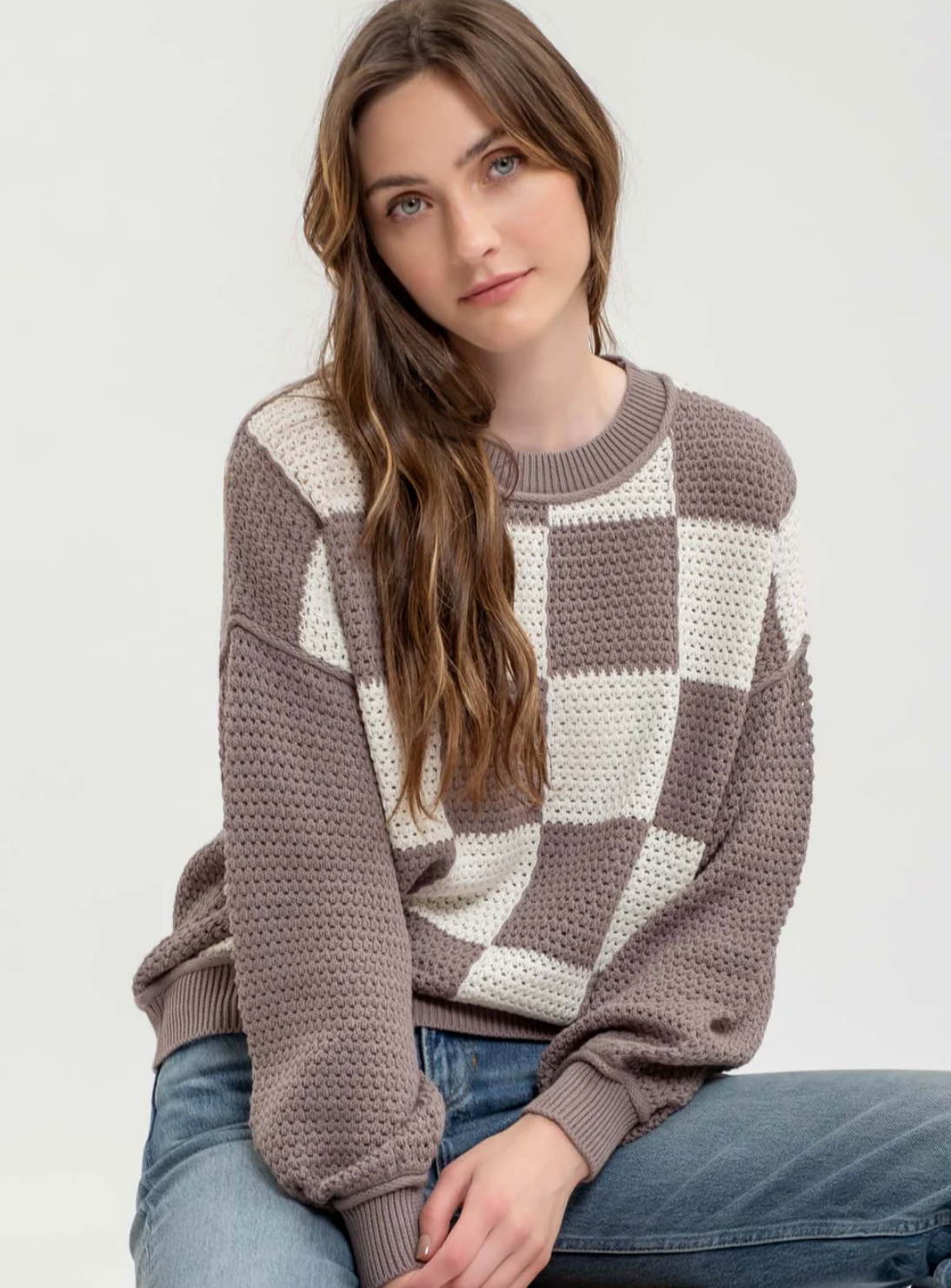 CHECKERED KNIT LONG SLEEVE SWEATER