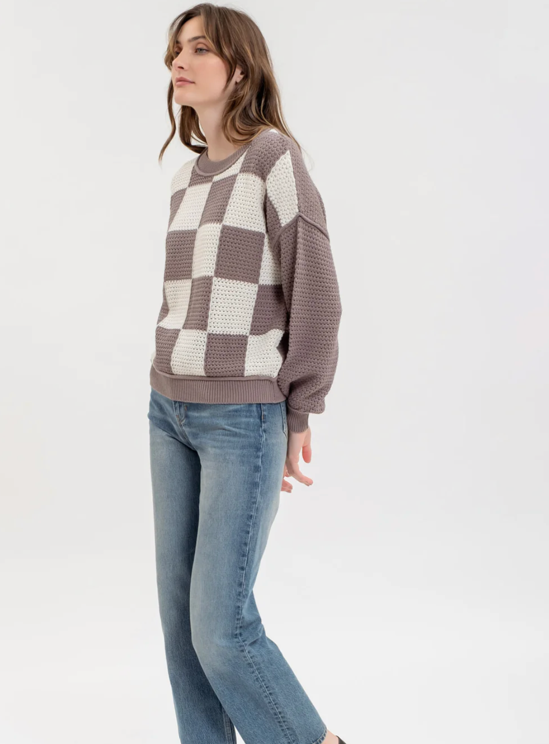 CHECKERED KNIT LONG SLEEVE SWEATER