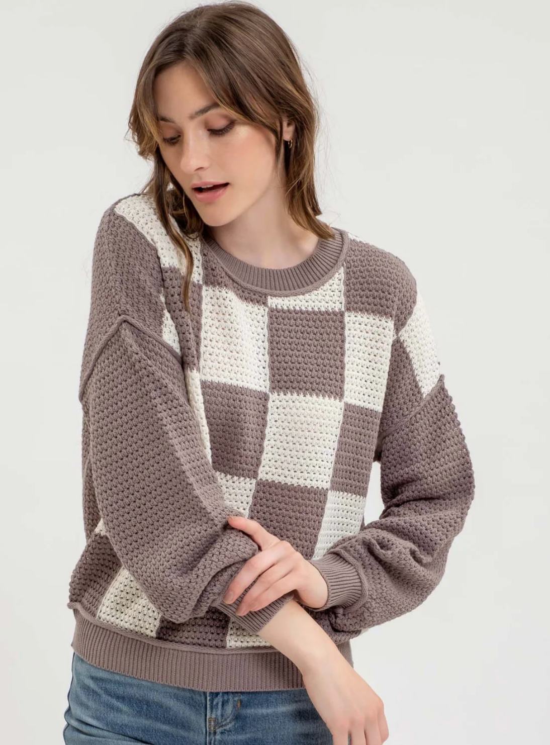 CHECKERED KNIT LONG SLEEVE SWEATER