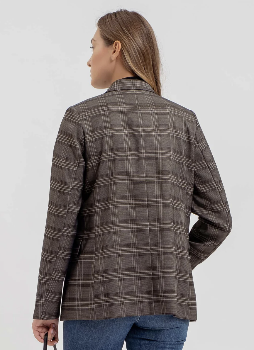 PLAID COLLARED LONG SLEEVE BLAZER