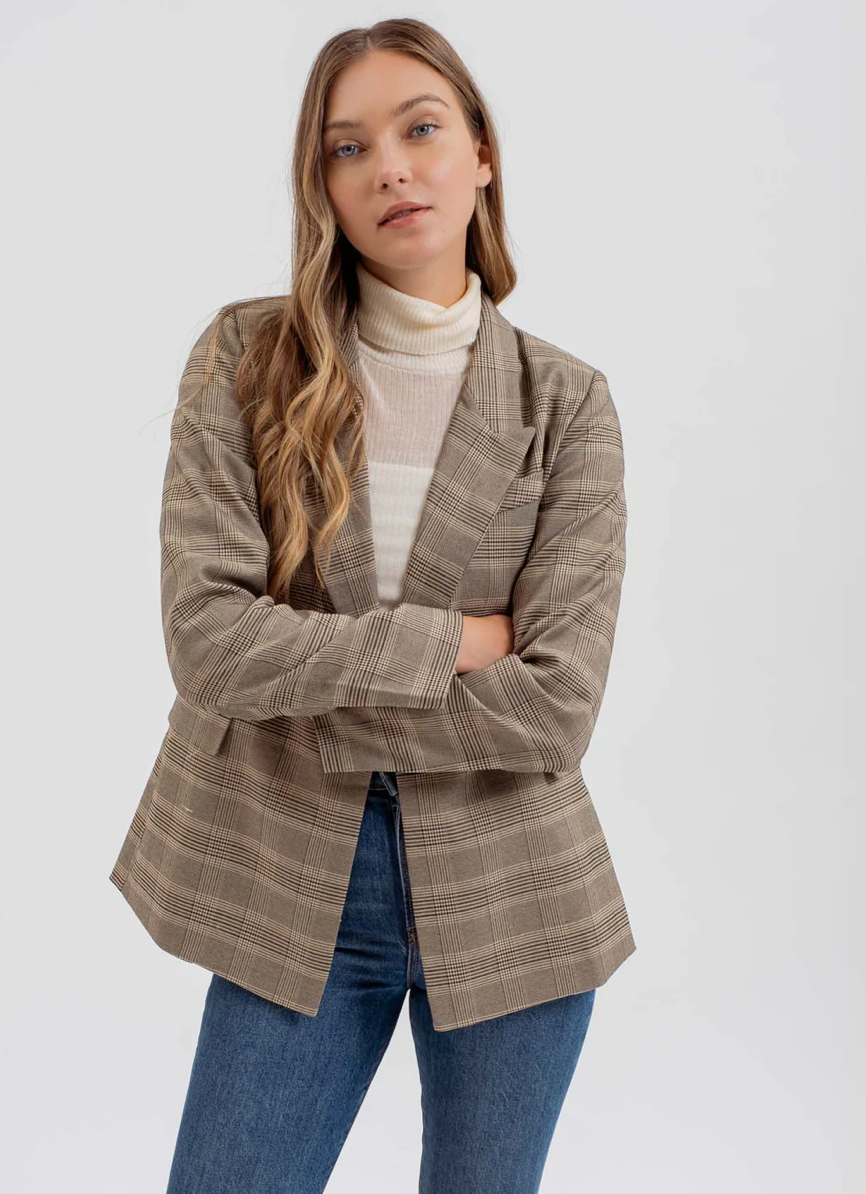 PLAID COLLARED LONG SLEEVE BLAZER