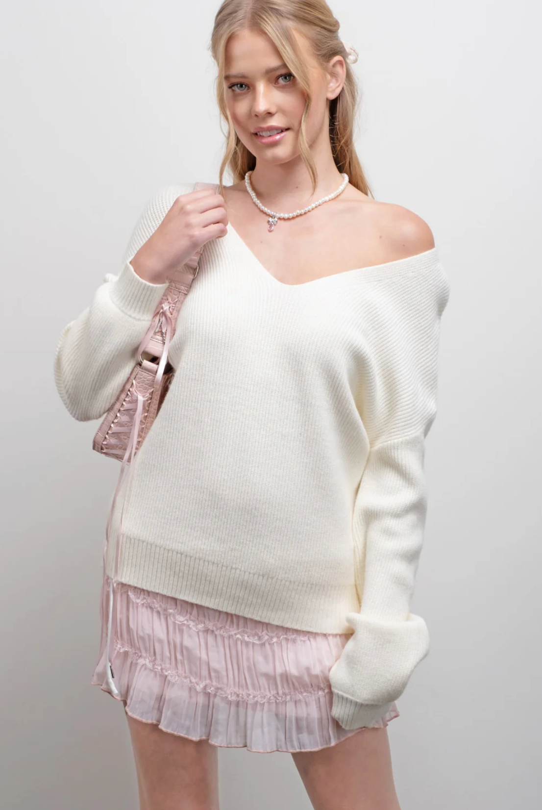 V NECK DROP SHOULDER BACK BOW TIE DETAIL SWEATER