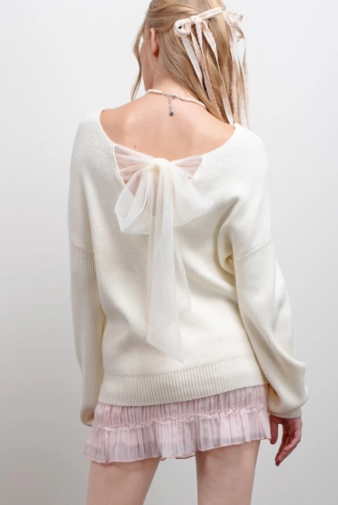 V NECK DROP SHOULDER BACK BOW TIE DETAIL SWEATER