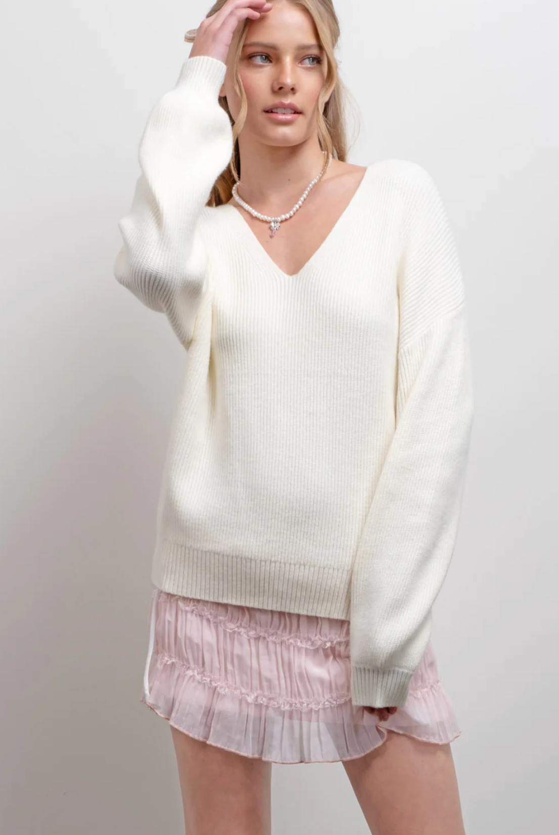 V NECK DROP SHOULDER BACK BOW TIE DETAIL SWEATER